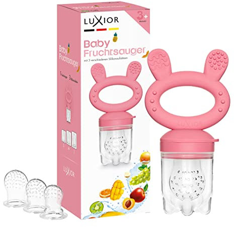 Luxior Fruchtsauger Baby Set raspberry | Fruchtsauger für Baby + 3 Aufsätze | Schnuller zum Befüllen mit Obst, Gemüse, Brei & Baby Essen | Fruchtsauger Baby ab 3 Monate | BPA-freie Zahnungshilfe