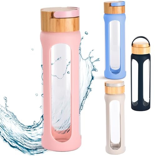 HYDRATE Glass Water Bottles - Leakproof Reusable - Silicone Sleeve, Wide Mouth, Hot & Cold Drinks Safe - BPA Free - Dishwasher Safe - 650ml Glass Bottle - Pink