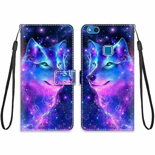 KARTXITAI Cover Compatibile con HUAWEI P10 lite PU Pelle TPU Silicone Portafoglio Magnetica con Disegni Motivo Animale Flip Custodia in Libro Slot Schede Custodia-Lupo,Colorato