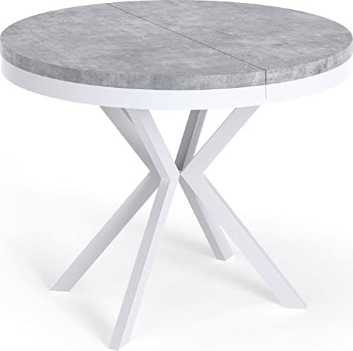 WFL GROUP Table à Manger Extensible Ronde - Table Style Loft avec Pieds en Métal Blancs - 90 à 170 Cm - Table Ronde Style Industriel pour Le Salon - Compacte - 90 Cm - Gris Béton