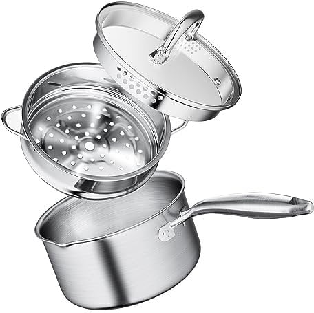 Leetaltree 1.5 Quart Stainless Steel Saucepan with Steamer Basket, Tri-ply Construction, Versatile Sauce Pan with Double-sized Drainage Lid - Perfect for Cooking Gravies. Pasta, Vegetable and More