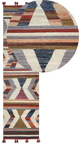 Kelim-Teppich Wolle bunt 80 x 300 cm handgewebt geometrisches Muster Mrgashat
