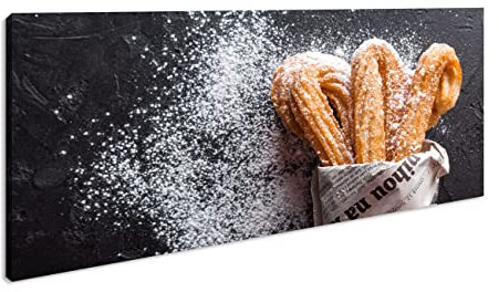 deyoli Churros mit Puderzucker Panorama 100x50 cm als Leinwandbild, Motiv fertig gerahmt auf Echtholzrahmen, Hochwertiger Digitaldruck mit Rahmen