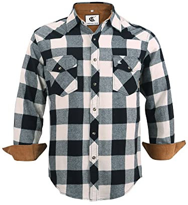 Coevals Club Chemise Flanelle Homme Chemise de bûcheron Homme Manches Longues Carreaux Boutons-Pression Coton avec Poche Coupe Normale Chemise décontractée(Blanc Noir 2# 3XL)