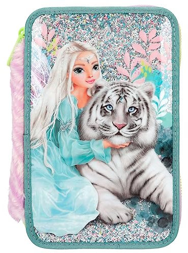 Depesche 12494 TOPModel Fantasy Tiger - Gefüllte 3-Fach Federtasche mit Fellapplikation und Glitzer, Federmäppchen mit Buntstiften, Schere, Lineal uvm.