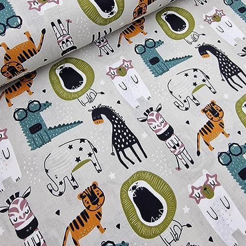 VmG-Store Baumwollstoff Meterware 140cm Breite Stoffe zum Nähen Nähstoff Kinderstoff für Kissen Babykleidung Kinderkleidung DIY (Zoo Tiere Bb002)