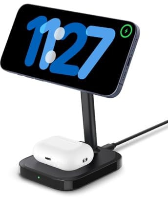 Spigen ArcField (MagFit) 2 in 1 Dual kabelloses Ladegerät Induktive Ladestation Magnetischer Ladeständer Wireless Charger für iPhone 15 Pro Max 14 13 12 Pro Max Plus Airpods Pro 3 2 1 - Ohne Netzteil