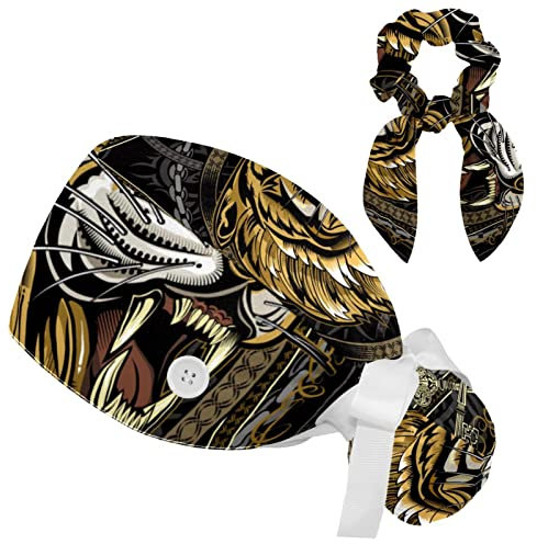 HOHODIY Verstellbare Big Tiger Scrub Cap, Arbeitsmütze, Haarabdeckung mit Pferdeschwanz-Tasche, weiche Bouffant chirurgische Krankenschwester-Kappe, Mehrfarbig 10, M/L