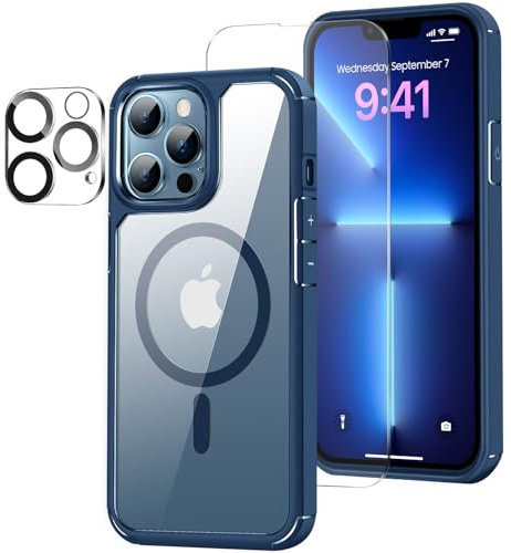 ZZDZZ Magnetica Cover Compatibile con iPhone 13 Pro con Protezione Fotocamera e Pellicola Temperato, Custodia Sottile Protezione Antiurto (Blu)