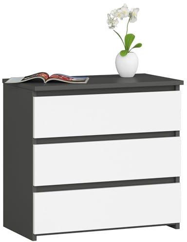 AKORD Commode CL-3 avec 3 tiroirs | Commode Classique pour La Chambre, Salon | Meuble de Rangement | L60 x H57 x P35 cm | Poids 26 kg | Gris Graphite | Blanc