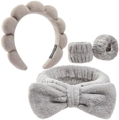 Ztomine Spa Headband and Wristband Set (4-Piece, Light Gray, For Women & Girls)