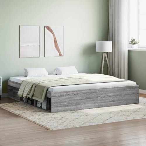 DJEKA Bett 180x200 mit lattenrost Holz Bettgestell 180x200 Holz Holzbett 180x200 Doppelbett mit 6 Fächer-Grau Sonoma-180 x 200 cm