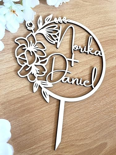 NoriKids Cake-Topper personalisiert & handgefertigt | Tortenstecker aus Holz | Tortendeko Hochzeit | Kranz mit Blumen Typ Hawaii & Namen | individuelle Hochzeitsdeko | personalisierte Geschenke