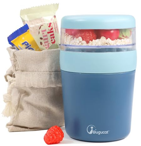 Bugucat Taza de cereales para llevar, 650 ml, con funda de tela, para yogurt y cereales para pícnic, a prueba de fugas, vaso de yogur para ir con cuchara, práctico vaso para ensalada, yogurt to go,
