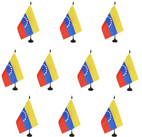AZ FLAG - Lot de 10 Drapeau De Table Vénézuela 21x14 cm - 10 Petits Drapeaux Vénézuelien De Bureau 100% Polyester Avec Hampe De 25cm Et Socle En Plastique Noir
