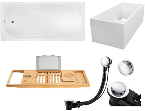 KOLMAN KOMPLETTSET 5in1 Acryl Weiß Wanne Badewanne Rechteck 190x80 cm BONA Made in EU + Wannenträger + Badewannentablett Bambus Holzablage, Premium Ablaufgarnitur in Chrom & Wannenfüße
