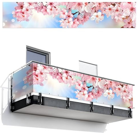 MuchoWow© Balkon Sichtschutz Einseitig 100x500 cm Groß PVC Seitenwand Terrassen für den Garten ohne Bohren Wetterfest Seitlich Zaun Terrasse Balkon Dekoration Kirschblüte - Baum - Blüte - Frühling