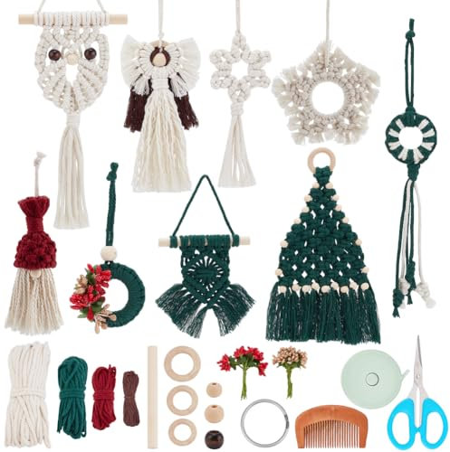 INFUNLY 9 Set DIY Macrame Christmas Tree Ornaments with Video Tutorial and Instruction DIY Santa Claus Kit Boho Handmade Woven Snowflake Macrame Wall Hanging for Home Room Office Christmas Decoration