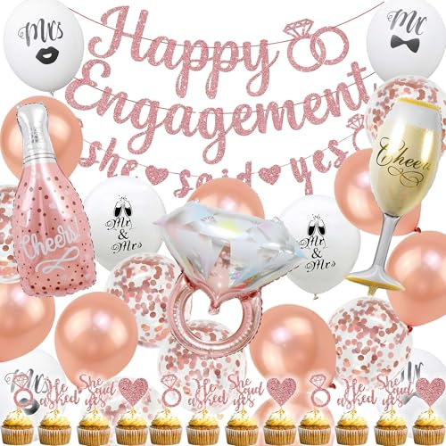 Rose Gold Engagement Party Decorations - 37Pcs Glitter Happy Engagement She Said Yes Banners Diamond Ring Wine Glass Bottle Foil Balloons Cupcake Toppers for Proposal Party Supplies