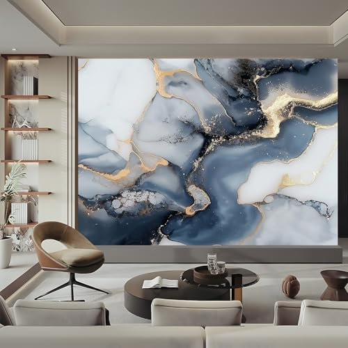 Fototapete Abstrakter Marmor Wanddekoration, Blau Weiß Vlies Tapeten 400 x 280 cm Moderne Wandtapete Wohnzimmer Schlafzimmer schmücken Pflegeleichte Kunsttapete