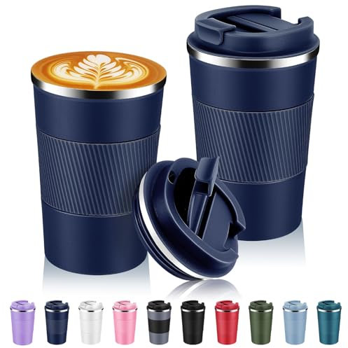 Volhoply 380ml 13oz Stainless Steel Insulated Travel Coffee Mug with Fip Lid Bulk 2 Pack,Reusable Double Wall Vacuum Metal Coffee Cup,Portable Leak Proof Tumbler for Hot & Cold Drinks(Navy,2)