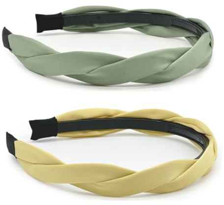 2 Stück Mode haarreifen Damen, Satin geflochtenes Haarband,Stoff-Haarbänder mit Zahn, 2.5 cm rutschfestes Haarreifen-Zubehör, 2 Farben (Grün+Gelb, ONE SIZE)