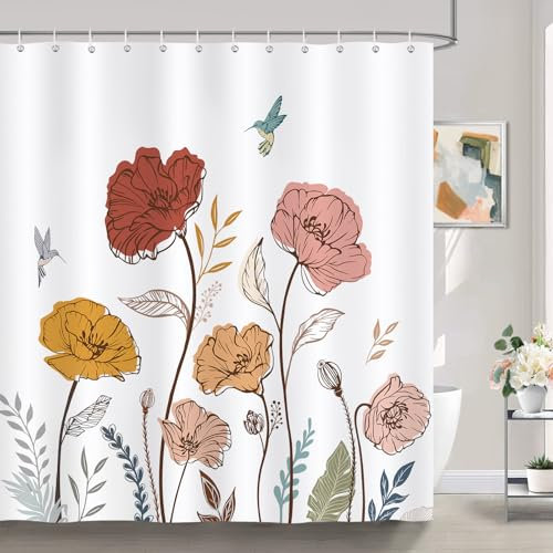 Bonhause Rideau de Douche Boho Fleurs Rétro Floral Sauvage 180 x 180 cm Unisexe pour Salle de Bain avec 12 Crochets en Polyester Imperméable et Anti-Moisissure Lavable à 30°C