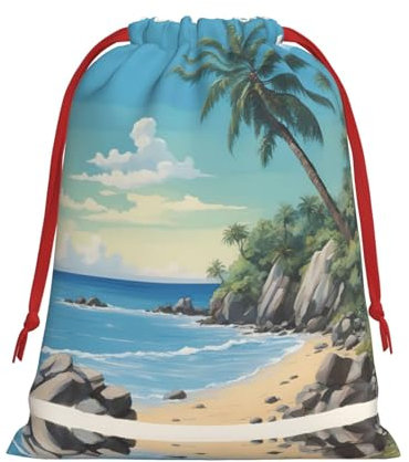 AKDODK Christmas Palm Tree Gift Bags Drawstring Plush Bags Red Ribbon Drawstring Gift Bags