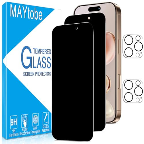 MAYtobe 2 Pièces Verre Trempé Anti Espion pour iPhone 16 Pro max avec 2 Pièces Caméra Arrière Protecteur, Film Protection écran Confidentialité, Sans Bulles, Dureté 9H, Anti-Rayures