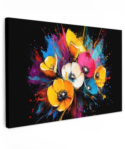 MuchoWow© Impressions sur Toile 90x60 cm Deco Tableau Murale Decoration Salon Peinture Tableaux Chambre Toiles Maison Fleurs - Coloré - Graffiti - Moderne - Bouquet