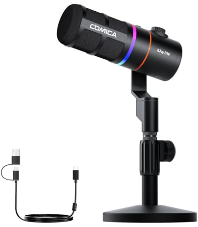 COMICA EJoy D10 Dynamisches Gaming Mikrofon PC, Schwarz | XLR/USB-C Dual Output, Noise Cancellation, RGB Beleuchtung & Mikrofonarm für Podcast Streaming Studio, für MAC PS4 PS5