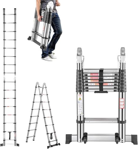 VEVOR Telescoping Ladder A Frame, 16.5ft Stainless Steel Extension Ladder, Multi-Button Retraction Portable Collapsible RV Ladders, 330LBS Load Telescopic Ladders with Balance Bar for Home, RV, Loft