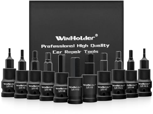 WinHolder 3/8 Drive Impact Hex Torx Spline Bit Socket Short Reach Allen Star Hand Tool Kit (11PCS Impact Hex Bit Sockets)