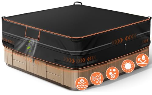 GARPROVM 215,9 x 215,9 cm Whirlpool-Abdeckung, strapazierfähig, 600D & wasserdicht, quadratisch, Spa-Deckelschutz mit doppelten winddichten Kordelzügen und 4 Riemen, passend für 213,4 x 213,4 cm