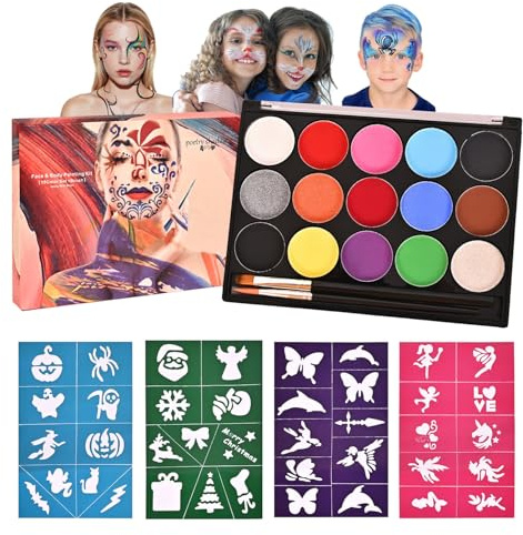 SKYYUE Pintura Facial y Corporal Niños 15 Colores Pintacaras Infantil Profesional Pintura de Cara Niños Maquillaje Facial con 40 Plantillas y 2 Pinceles, Pintacaras Hipoalergénico Halloween (2 Pack)
