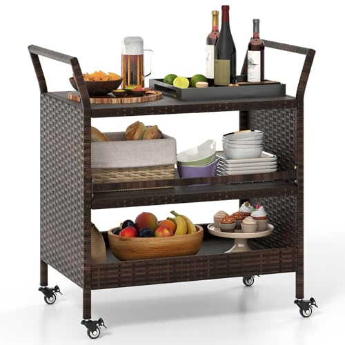 COSTWAY Servierwagen Rattan, Küchenwagen mit 3 Ablagen & Rollen & Seitengriffen, Grillwagen Grilltisch Outdoor für Garten, Pool, Veranda, 86 x 50 x 89 cm