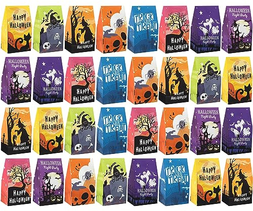 YORFULL Halloween Geschenktüten, 32 Stück Süßigkeiten Papiertüten, Kleine Süßigkeiten Tüten mit Aufklebern, Geschenk Süßigkeitentüten für Halloween Trick or Treat