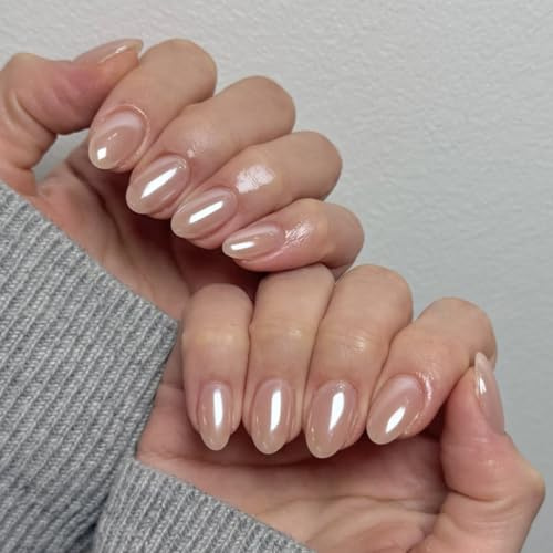 Viugex 24Pcs French Press on Nails Kurze Almond, Elegante Nude Kunstnägel Zum Aufkleben, Soft Gel Fake Nails mit Nagel Klebepads, Wiederverwendbare Fingernägel zum Aufkleben für Frauen Mädchen