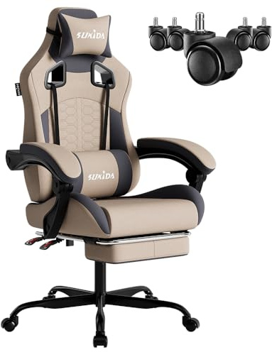 SUKIDA Gaming Stuhl,Ergonomischer Gaming-Stuhl mit Fußstütze, Racing Gaming Chair Kopfstütze Verstellbarer Computerstuhl Höhenverstellbar Lendenwirbelstütze für Homeoffice und Gaming,Blaugrau