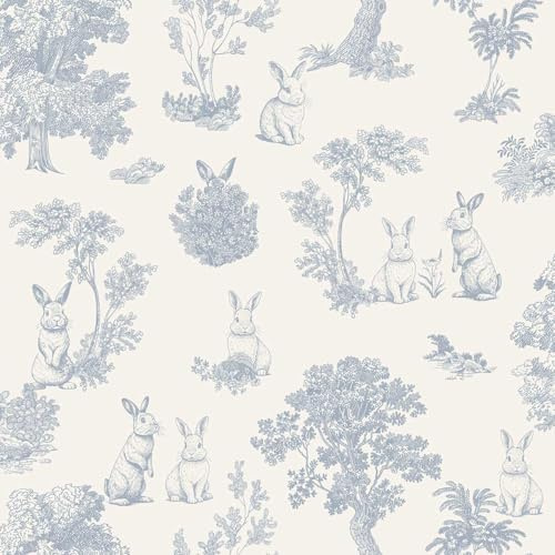 Papier peint lapin toile de Jouy bleu blanc - Made in France - 53x1000