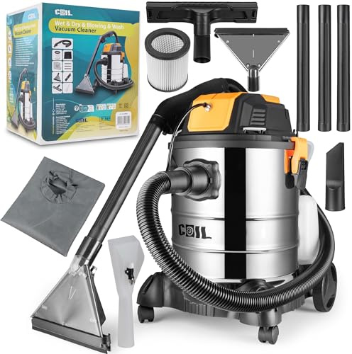 COIL Nass-Trocken-Sauger, Waschsauger, 4-in-1, Teppichreiniger, 19 kPa, 5L Wassertank, 1300 W, beutellos, mit Sprühfunktion & Blasfunktion, Filterreinigungsfunktion, 25L, HEPA-Filter