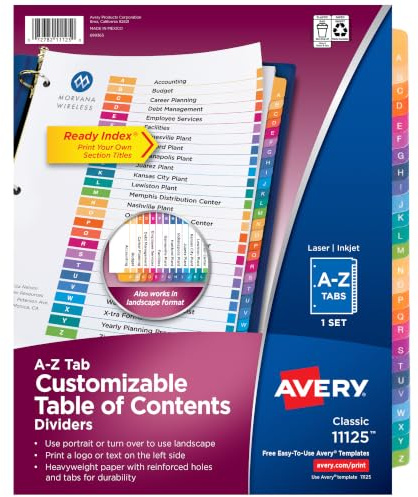 Avery A-Z Trennblätter für 3 Ringbücher, 26 Registerkarten pro Set, anpassbares Inhaltsverzeichnis, mehrfarbige Register, ideal zum Organisieren von Berichten, Projekten und mehr (11125)