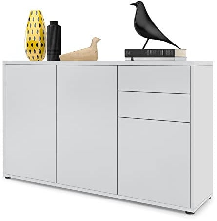 Vladon Sideboard Ben V3, Kommode mit 3 Türen und 2 Schubladen, Weiß matt/Weiß matt (117 x 74 x 36 cm)