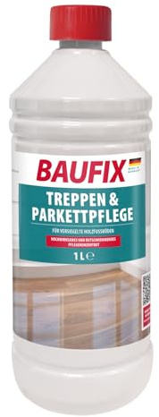 BAUFIX Treppen & Parkettpflege farblos, 1 Liter, Holzpflege, für versiegeltes Parkett, hochwirksames Konzentrat, geruchsarm, auch für Sportböden