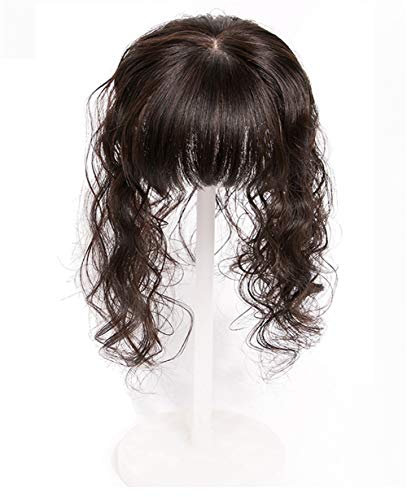 Lockiges Echthaar-Kronen-Topper mit Pony für Frauen, 10,2 x 11,9 cm, Seiden-Basis-Haarteile für Haarausfall, 30,5 cm, natürliches Schwarz