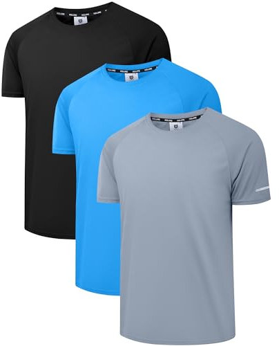 Holure Herren 3er Pack Sports Atmungsaktiv Schnelltrocknend Kurzarm T-Shirts Schwarz/Grau/Blau L
