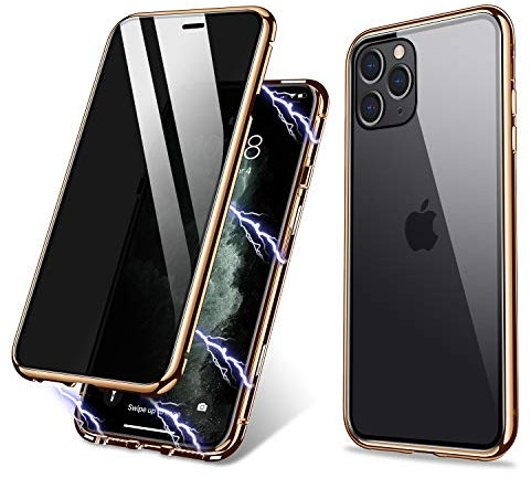 ZHIKE Phone Case Compatible with iPhone 11 Pro Max,Anti-Peep Magnetic Adsorption Case Front and Back Tempered Glass Full Screen Coverage One-piece Design Flip Privacy Cover(Golden)