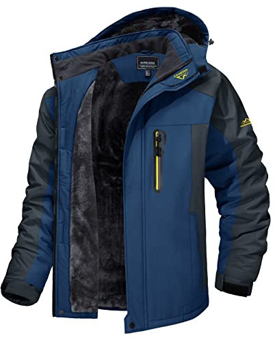 MAGCOMSEN Winterparka Herren Gefüttert Snowboardjacke Ski Jacke Softshell Winterjacke Männer Regenjacke Warme Skijacke Atmungsaktiv Windjacke mit Kapuze Denim Blau 3XL