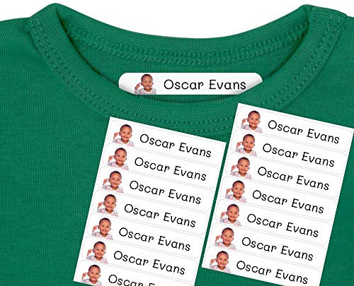 50 Etiquetas termoadhesivas para ropa personalizadas con foto o imagen, para marcar cualquier prenda con ayuda de la plancha. 6 x 1 cms. Color Blanco