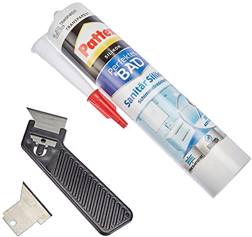 Pattex Silikon Dusche & Bad, transparent,silicone premium pour toutes les applications dans le domaine sanitaire,résistant à l'abrasion,set de 300 ml et un grattoir à joints Pattex Requin à joints